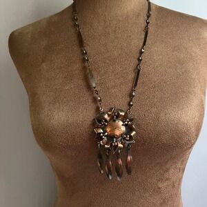 Vintage Brutalist Copper Sunburst Dangle Pendant Necklace 24" Cottagecore 60s